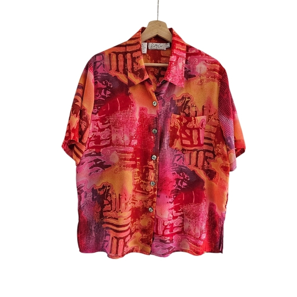 Cathy Che Vintage Short Sleeve Button Down Blouse, Loose Fit, Semi-sheer, SizeXL